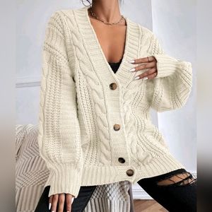 New Boho Chunky Cable Knit Cardigan Sweater Cream Ivory Beige